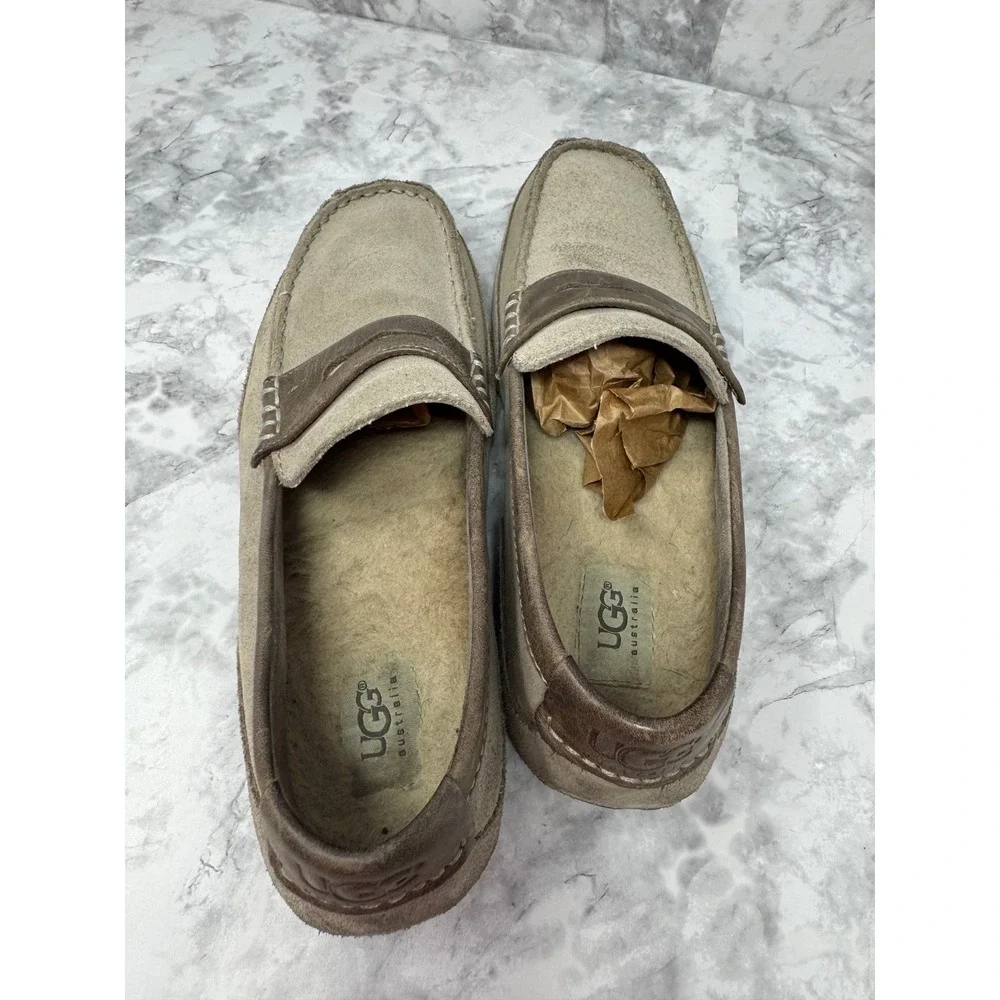 UGG Australia‎ Mens Penny Loafer Slippers Tan Suede Leather Trim Size 9 Sample